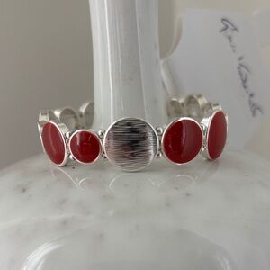 Gloria Vanderbilt Acrylic red circles,brushed silvertone metal circles stretch
